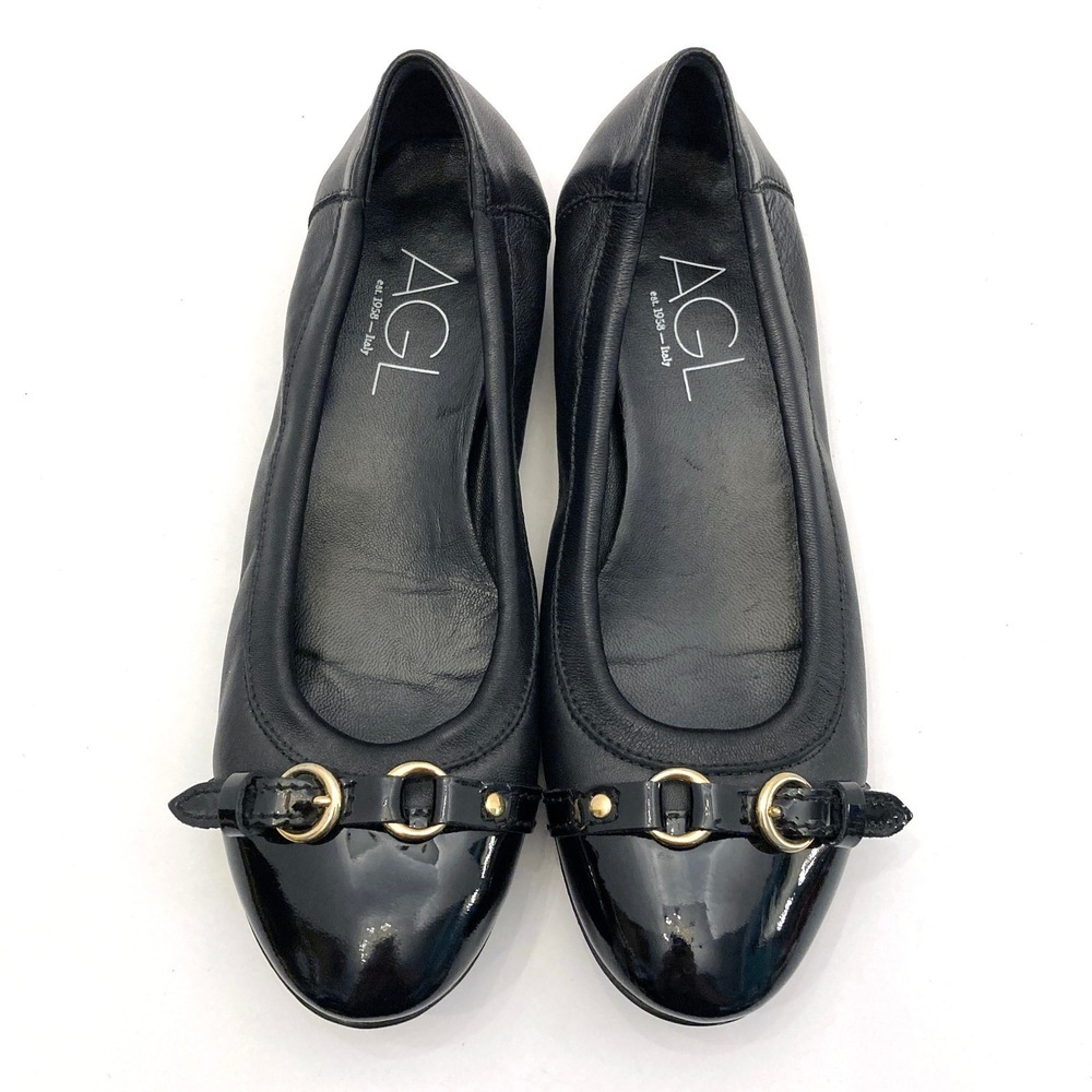 AGL Monika Cap Toe Ballet Flat EU 36 Womens‎ 6 Italy Black Leather Patent Toe